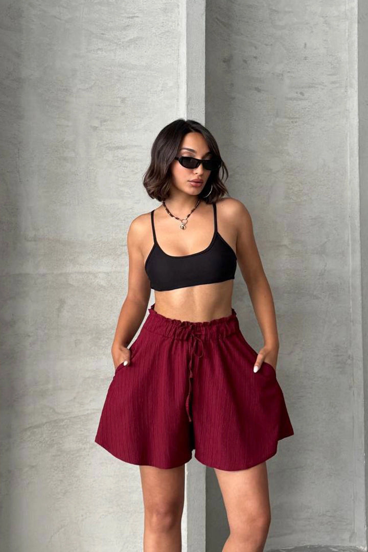 Burgundy Steering Wheel Comfort Fit Elastic Waist Linen Shorts BCHN-25255058 - Ampelókipoi
