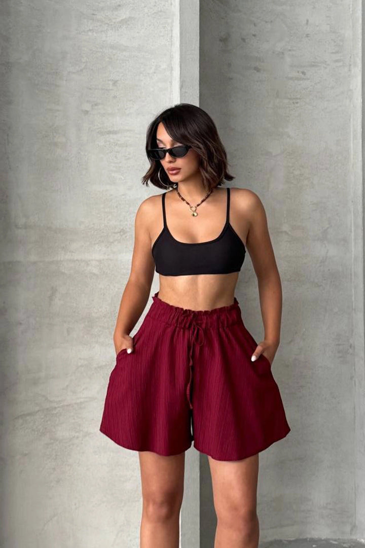 Burgundy Steering Wheel Comfort Fit Elastic Waist Linen Shorts BCHN-25255058 - Ampelókipoi