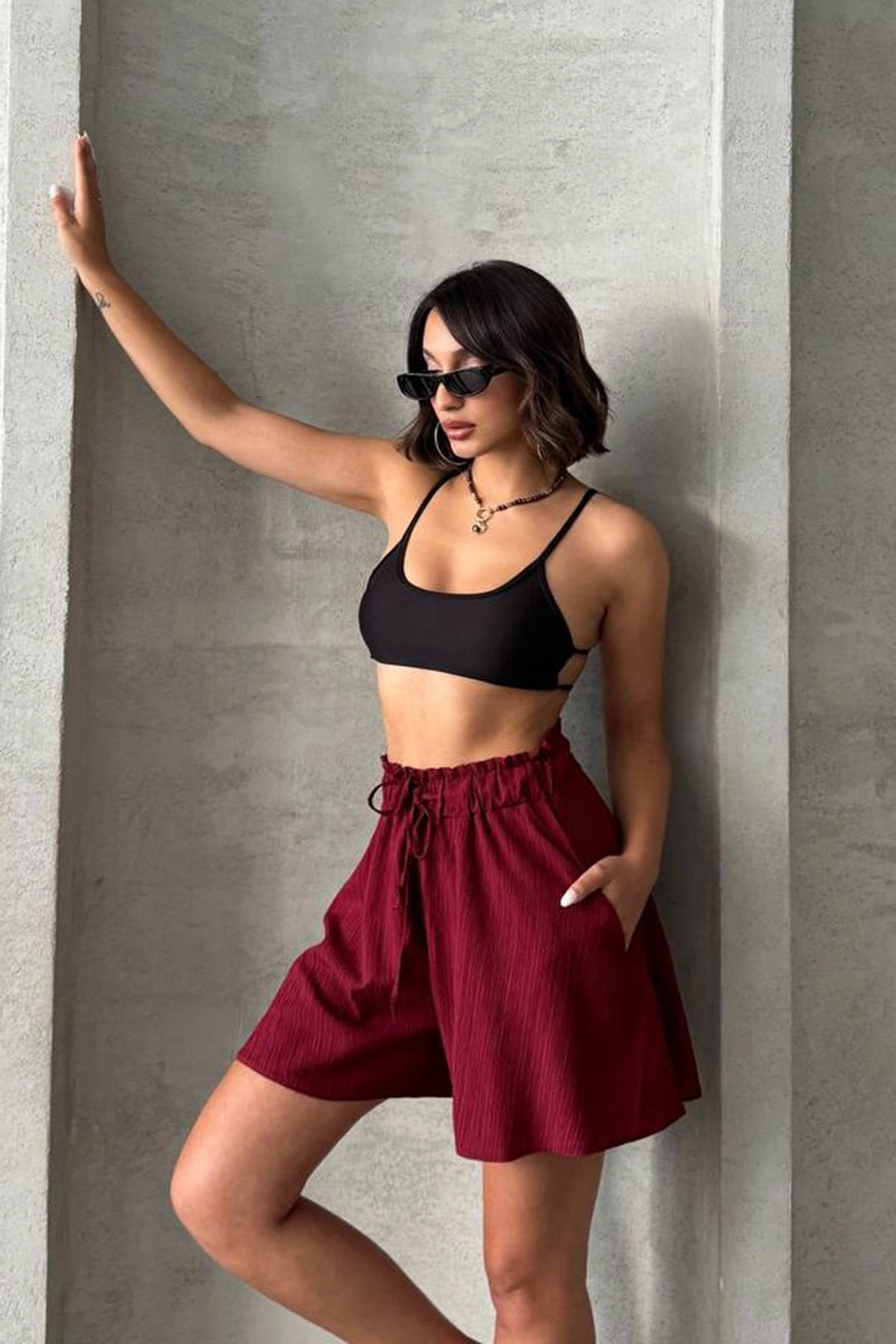 Burgundy Steering Wheel Comfort Fit Elastic Waist Linen Shorts BCHN-25255058 - Ampelókipoi