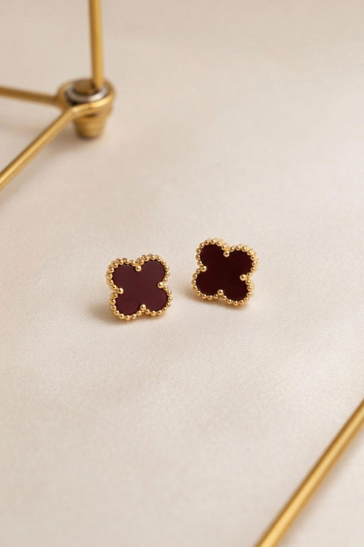 Bordo Yonca Figürlü Gold Kenarlı Küpe - Tooele