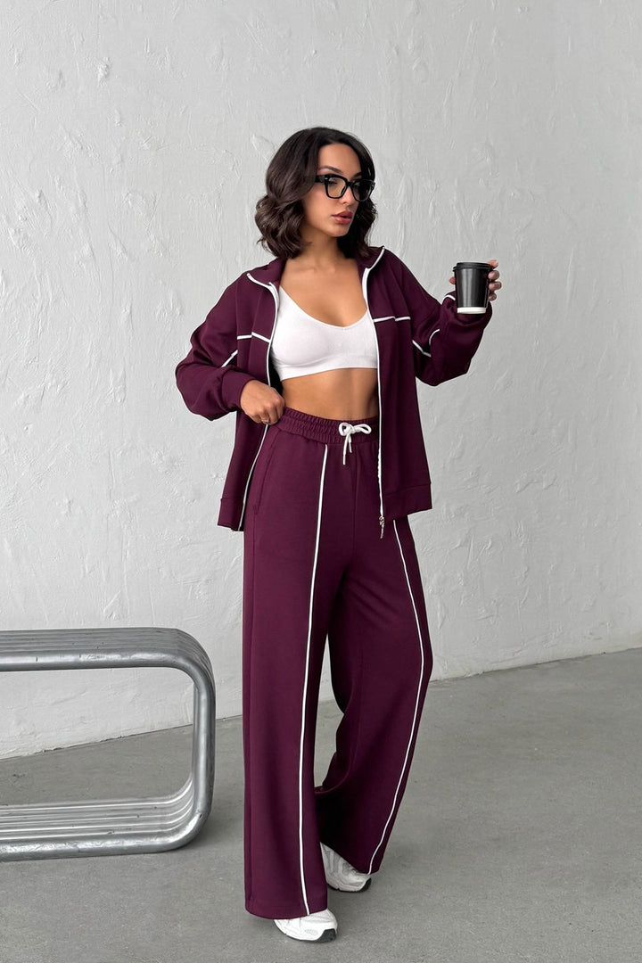 Burgundy Soft Textured Palazzo Pants and Zippered Sweatshirt Set BCHN-25261024 - Oraiókastro