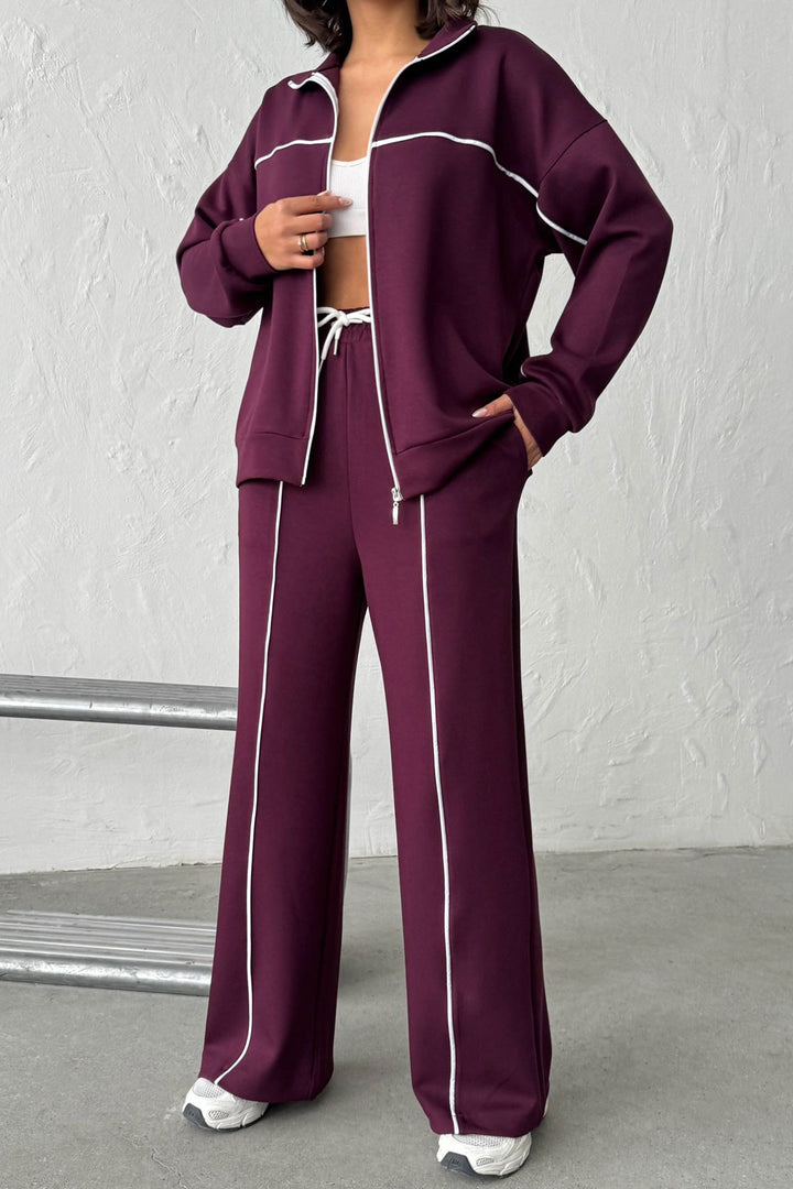 Burgundy Soft Textured Palazzo Pants and Zippered Sweatshirt Set BCHN-25261024 - Oraiókastro