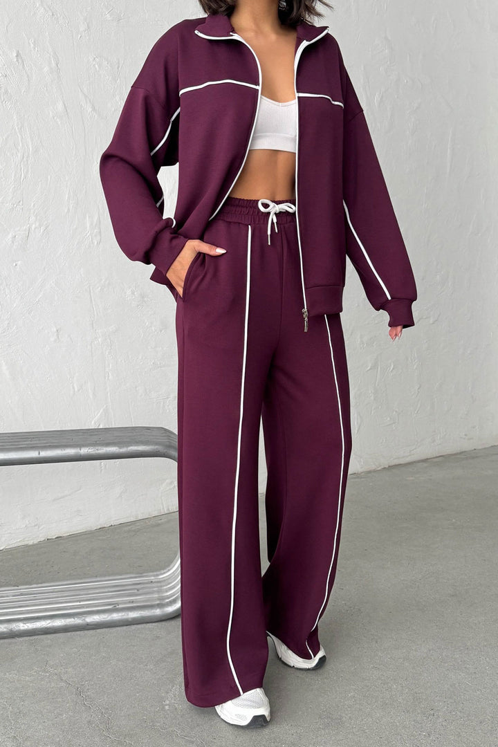 Burgundy Soft Textured Palazzo Pants and Zippered Sweatshirt Set BCHN-25261024 - Oraiókastro