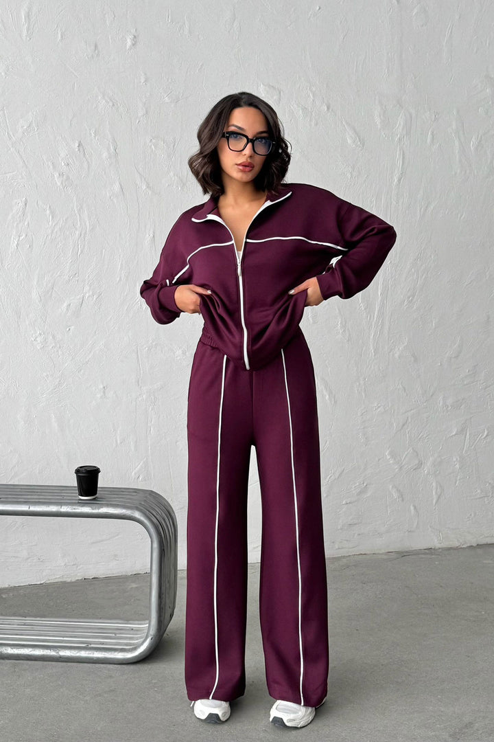 Burgundy Soft Textured Palazzo Pants and Zippered Sweatshirt Set BCHN-25261024 - Oraiókastro