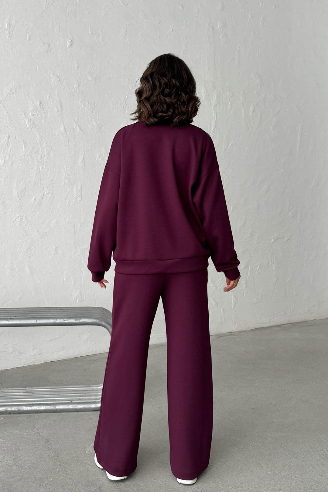 Burgundy Soft Textured Palazzo Pants and Zippered Sweatshirt Set BCHN-25261024 - Oraiókastro