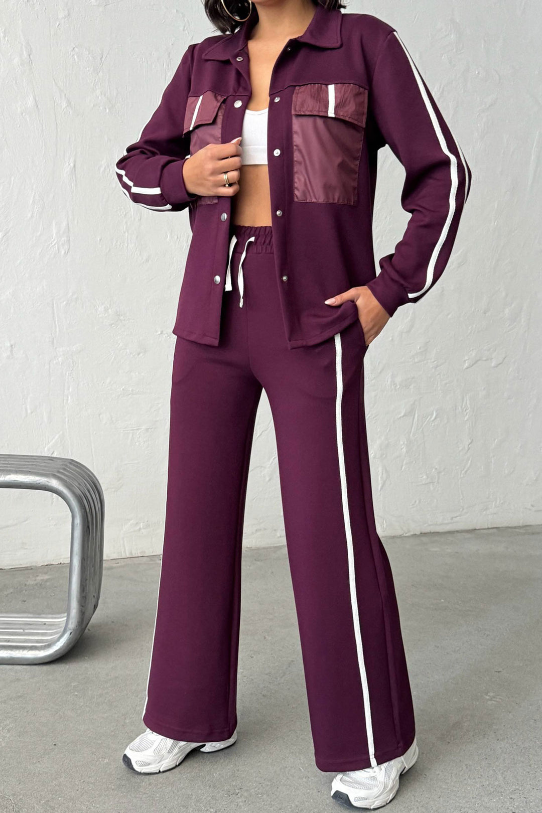 Burgundy Soft Textured Palazzo Pants and Shirt Set with Embellishments BCHN-25261025 - Oeiras