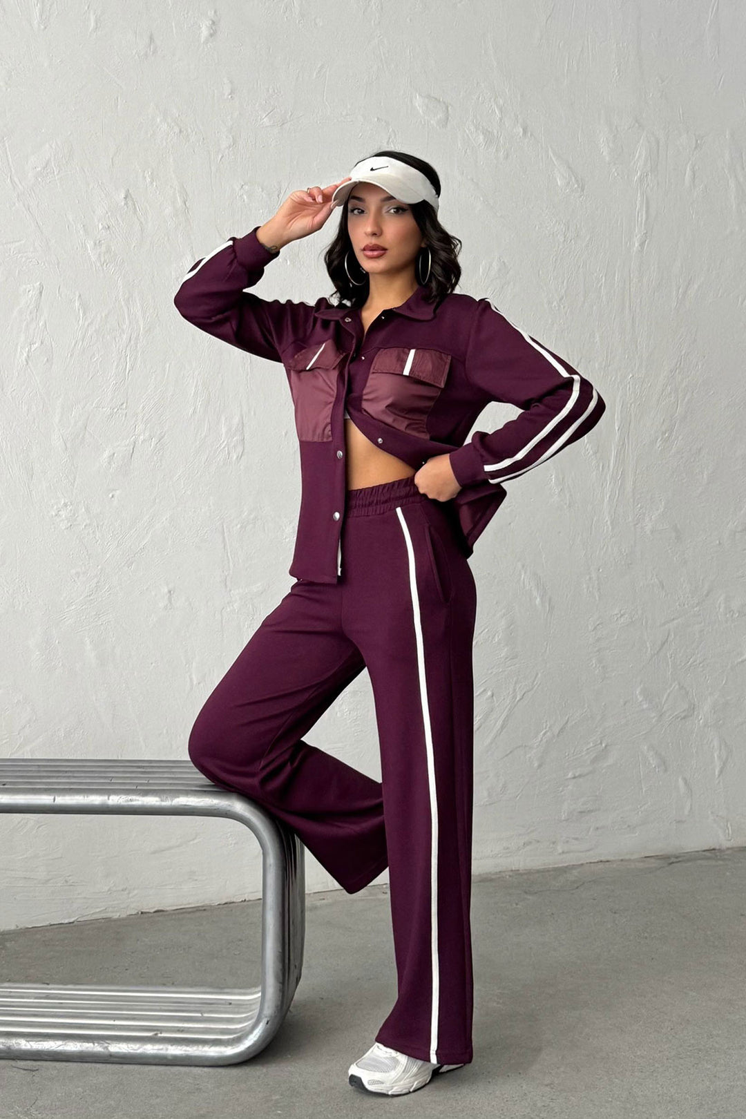 Burgundy Soft Textured Palazzo Pants and Shirt Set with Embellishments BCHN-25261025 - Oeiras