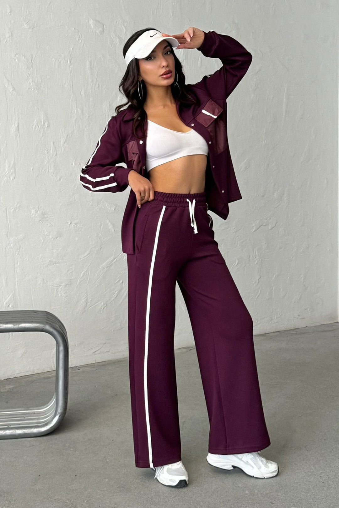Burgundy Soft Textured Palazzo Pants and Shirt Set with Embellishments BCHN-25261025 - Oeiras