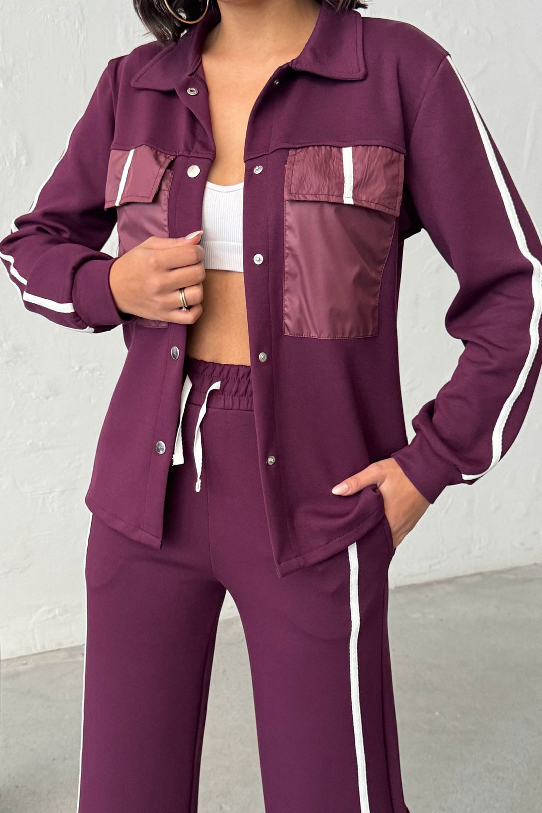 Burgundy Soft Textured Palazzo Pants and Shirt Set with Embellishments BCHN-25261025 - Oeiras