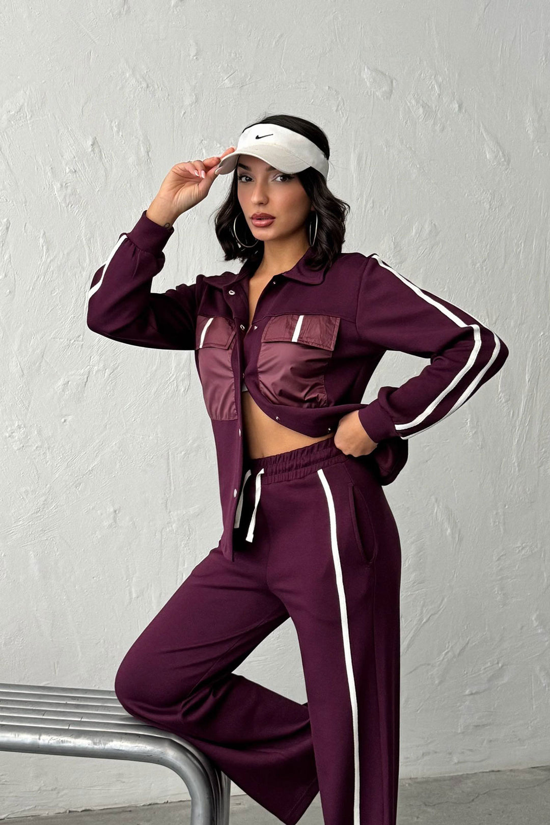Burgundy Soft Textured Palazzo Pants and Shirt Set with Embellishments BCHN-25261025 - Oeiras