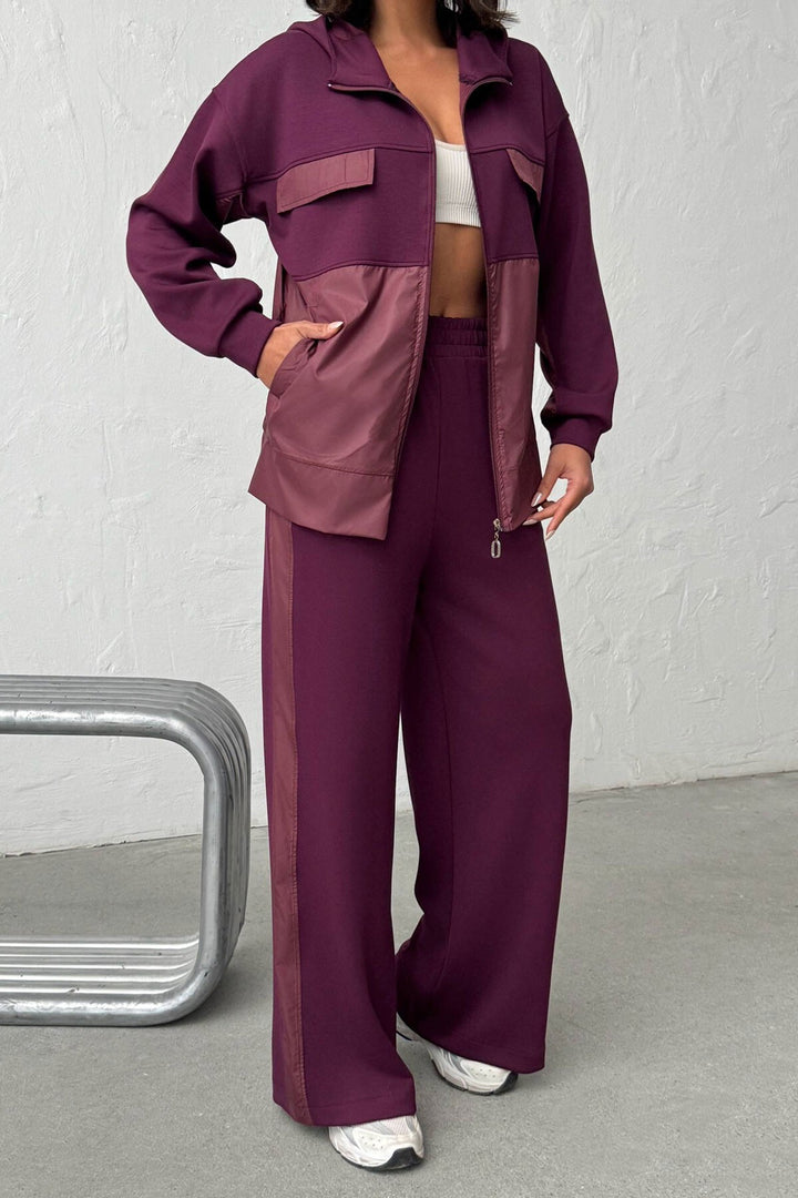 Bordo Yumuşak Dokulu Garnili Kapüşonlu Sweatshirt Ve Pantolon Alt Üst Takım BCHN-25261023 - Etterbeek