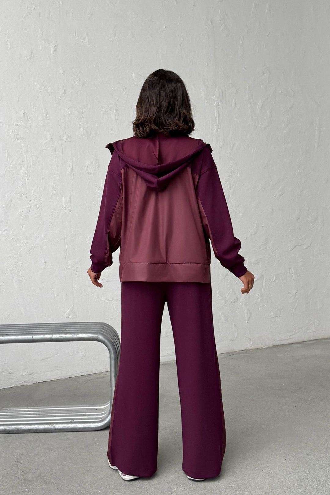 Bordo Yumuşak Dokulu Garnili Kapüşonlu Sweatshirt Ve Pantolon Alt Üst Takım BCHN-25261023 - Montauban