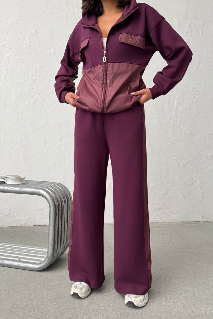 Bordo Yumuşak Dokulu Garnili Kapüşonlu Sweatshirt Ve Pantolon Alt Üst Takım BCHN-25261023 - Montauban