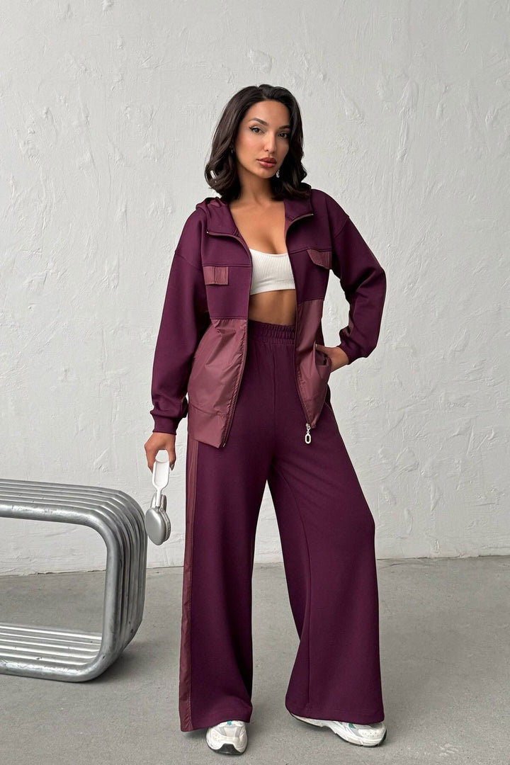 Bordo Yumuşak Dokulu Garnili Kapüşonlu Sweatshirt Ve Pantolon Alt Üst Takım BCHN-25261023 - Montauban