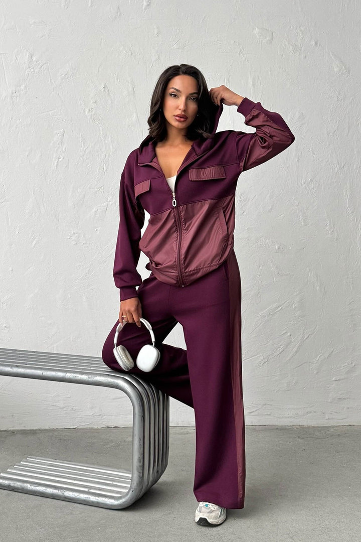 Bordo Yumuşak Dokulu Garnili Kapüşonlu Sweatshirt Ve Pantolon Alt Üst Takım BCHN-25261023 - Etterbeek