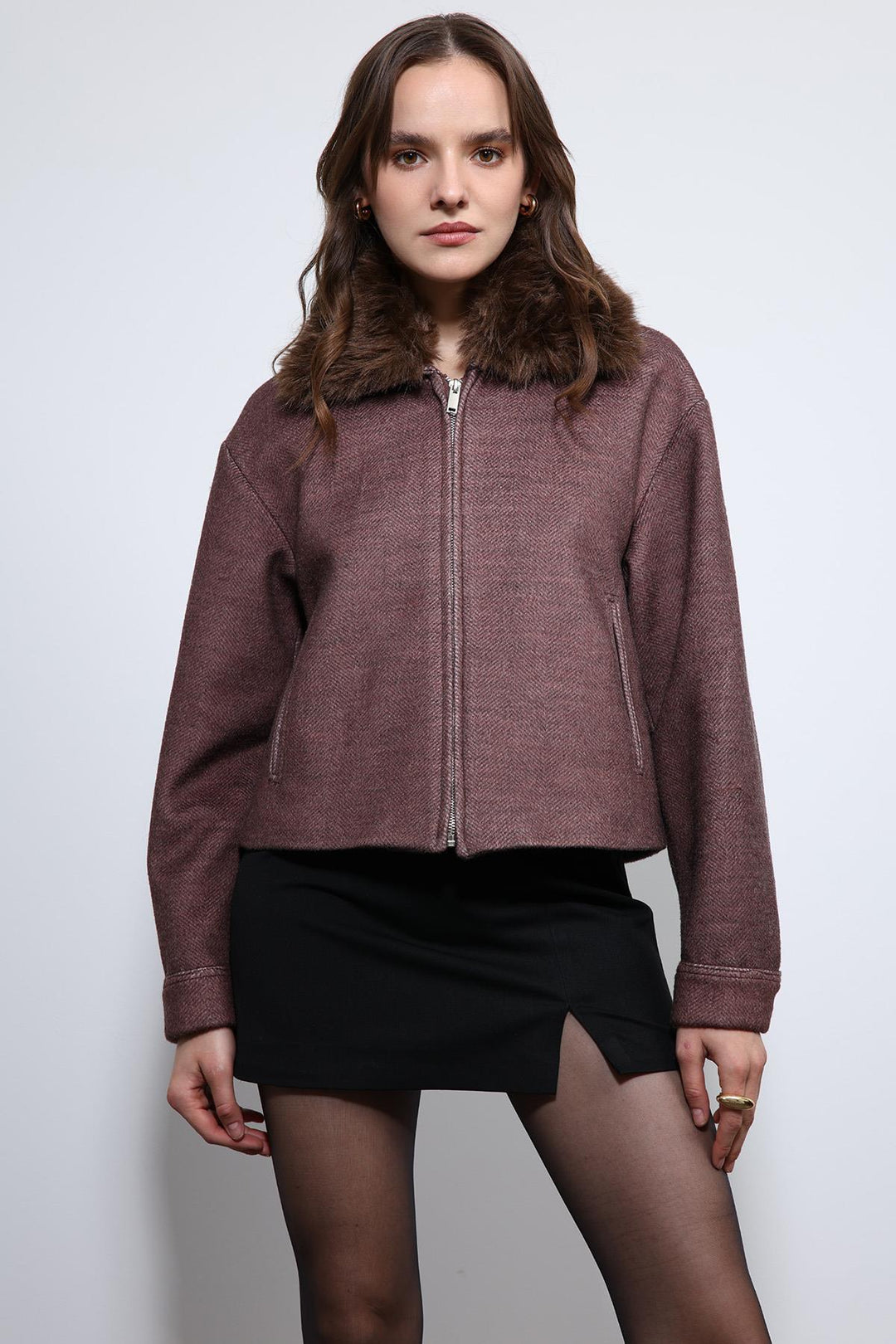 ANT Antioch Bordo Yün Karışımlı Suni Kürk Yaka Ceket - Novara