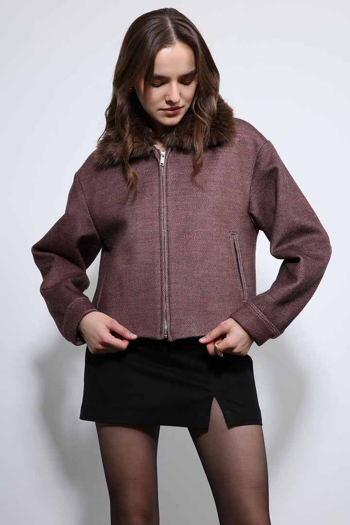ANT Antioch Bordo Yün Karışımlı Suni Kürk Yaka Ceket - Novara