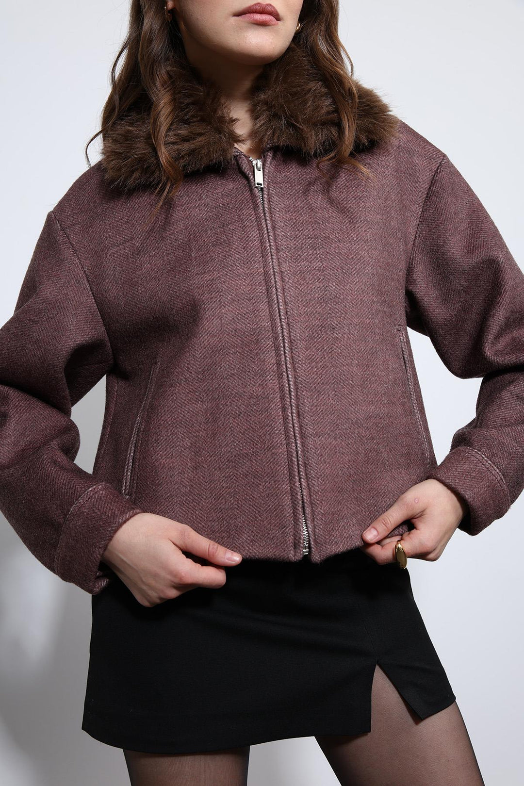 ANT Antioch Bordo Yün Karışımlı Suni Kürk Yaka Ceket - Novara