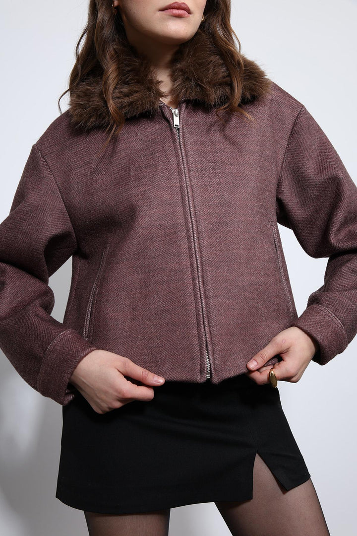 ANT Antioch Bordo Yün Karışımlı Suni Kürk Yaka Ceket - Novara