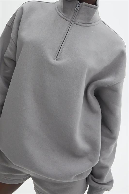 MDX Painted Gray Oversized Sweatshirt with Zipper Detail MG1933 - Celle