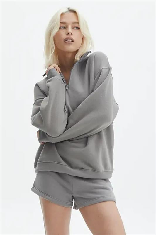 MDX Painted Gray Oversized Sweatshirt with Zipper Detail MG1933 - Celle