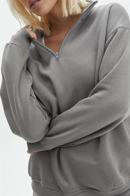MDX Painted Gray Oversized Sweatshirt with Zipper Detail MG1933 - Celle