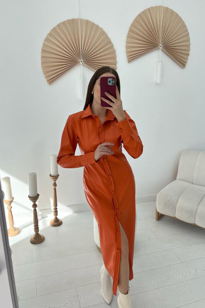 ELS Buttoned Leather Dress - Orange - Guanajuato