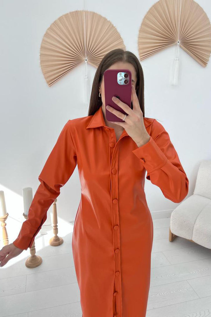 ELS Buttoned Leather Dress - Orange - Guanajuato