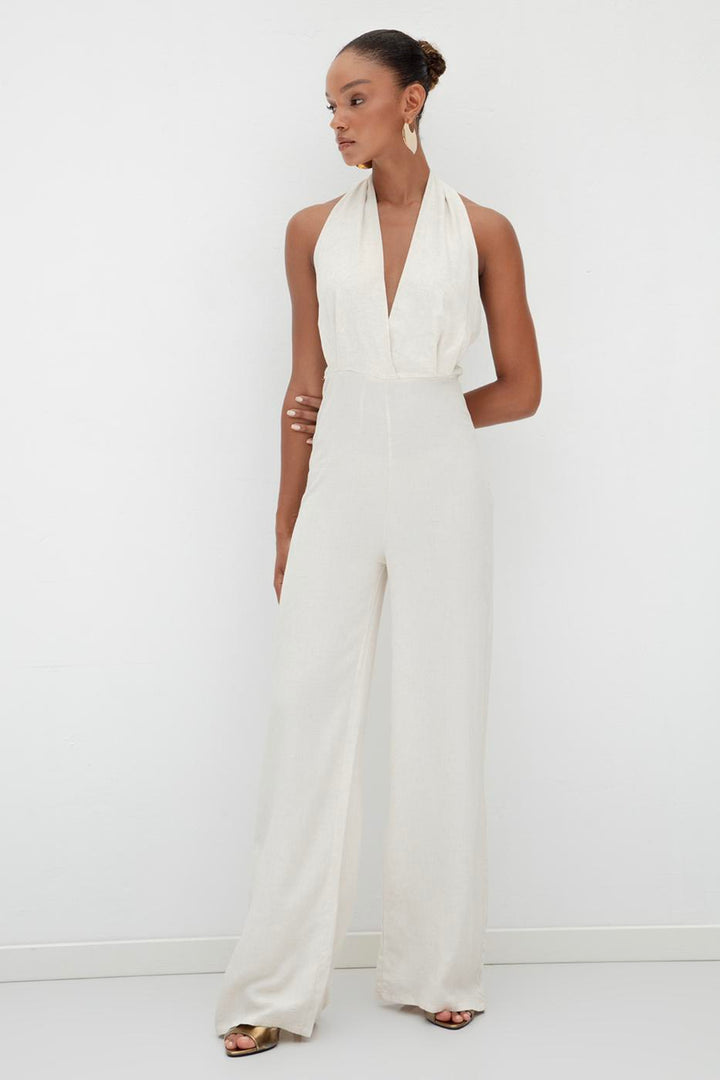 BSL Women Neck Tie Linen Jumpsuit - Annecy