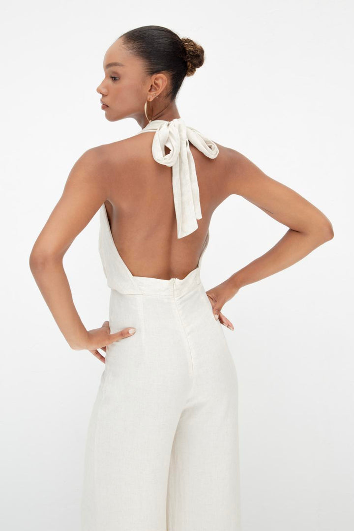 BSL Women Neck Tie Linen Jumpsuit - Annecy
