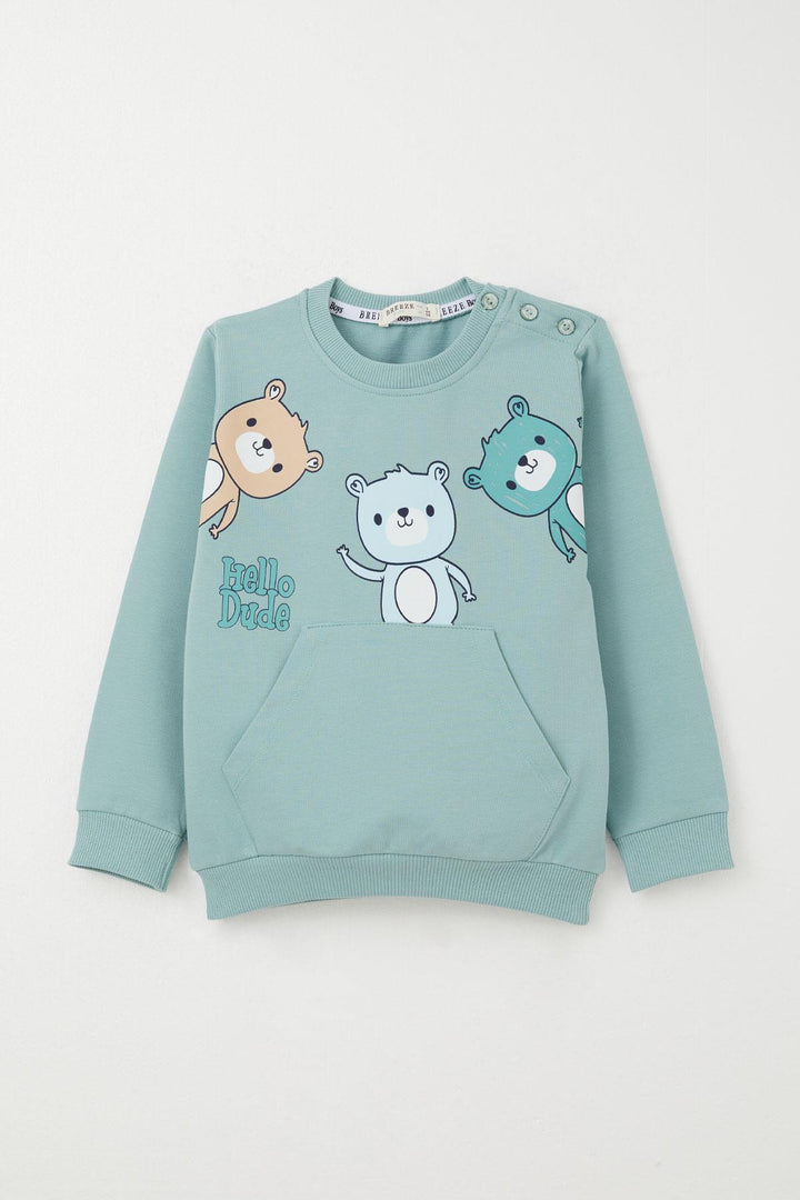 BRE Breeze Baby Boy Tracksuit with Kangaroo Pocket, Printed with Friendly Bears, 9 Months-3 Years, Water Green - Kearny