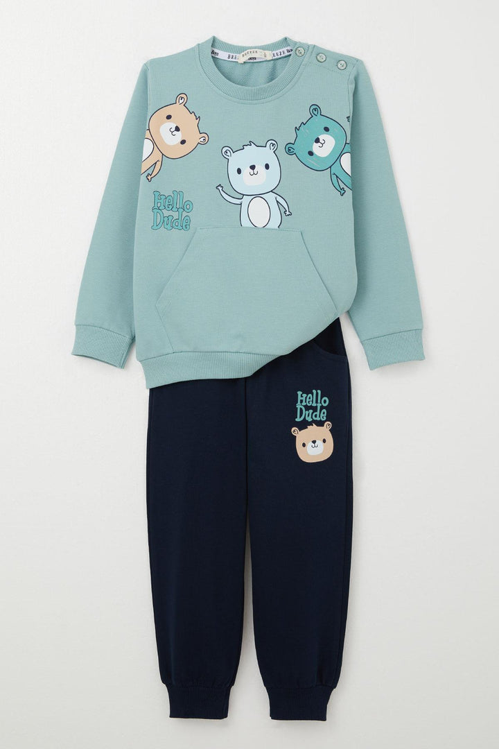BRE Breeze Baby Boy Tracksuit with Kangaroo Pocket, Printed with Friendly Bears, 9 Months-3 Years, Water Green - Kearny