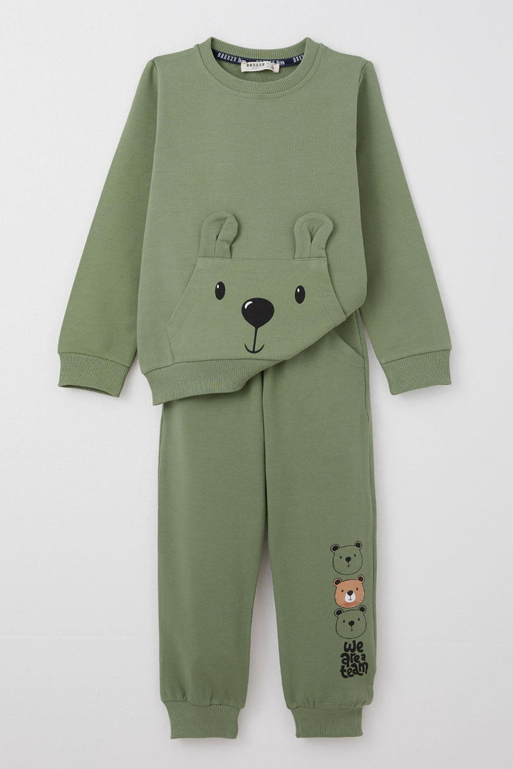 BRE Breeze Baby Boy Tracksuit Cute Bear Patterned Kangaroo Pocket 9 Months-3 Years, Khaki Green - Durango
