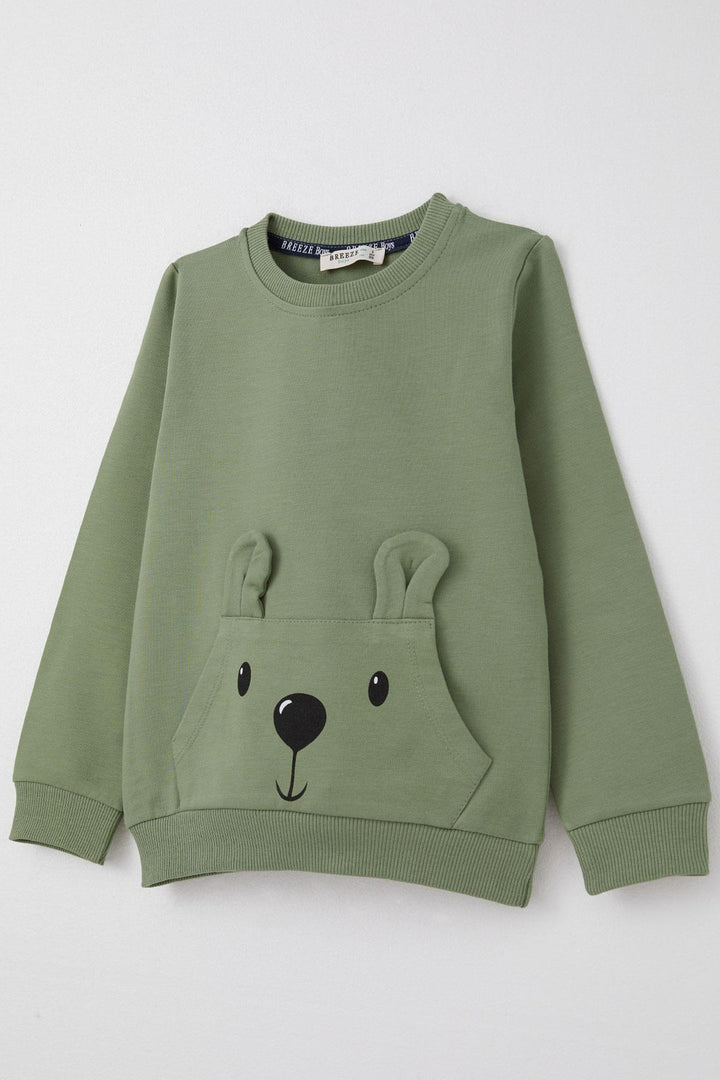 BRE Breeze Baby Boy Tracksuit Cute Bear Patterned Kangaroo Pocket 9 Months-3 Years, Khaki Green - Durango
