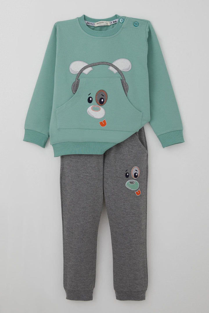 BRE Breeze Erkek Bebek Eşofman Takımı Kulaklıklı Köpekçik Nakışlı 9 Ay-3 Yaş, Su Yeşili - Pleasanton