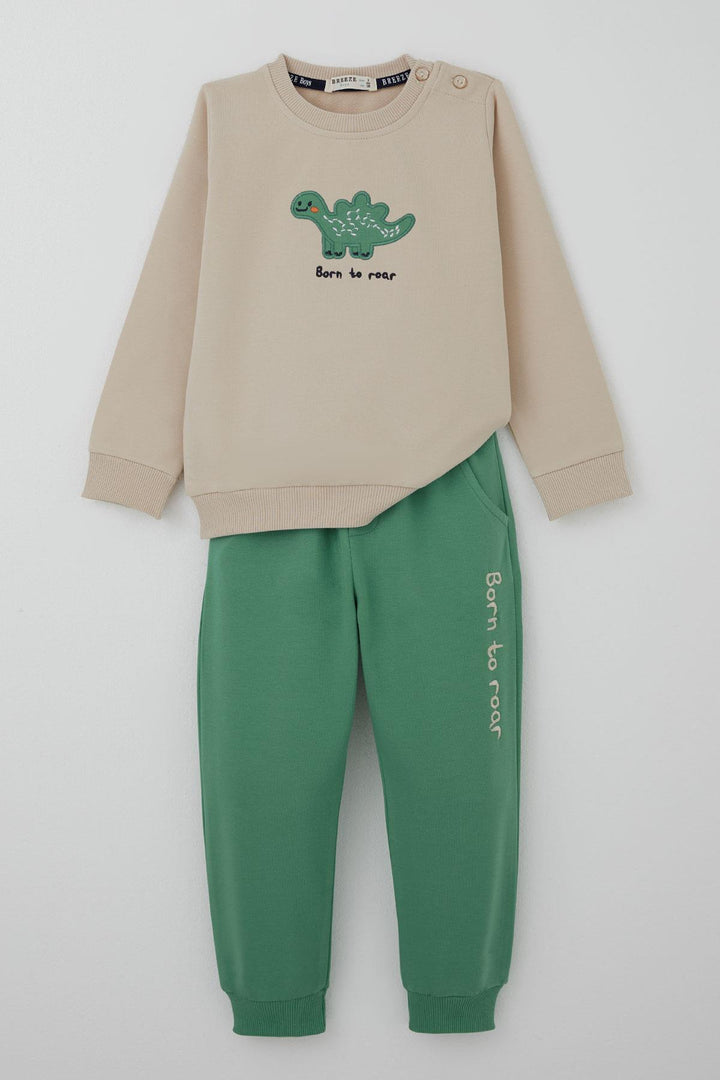 BRE Breeze Erkek Bebek Eşofman Takımı Sevimli Dinozor Nakışlı 9 Ay-3 Yaş, Bej - Oak Park