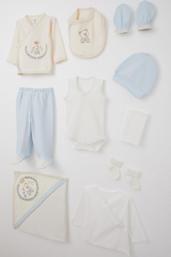 ملابس مستشفى BRE Breeze Baby Boy Hospital مكونة من 10 قطع King Bear مطرزة 0-3 أشهر، إكرو - ساحل النخيل
