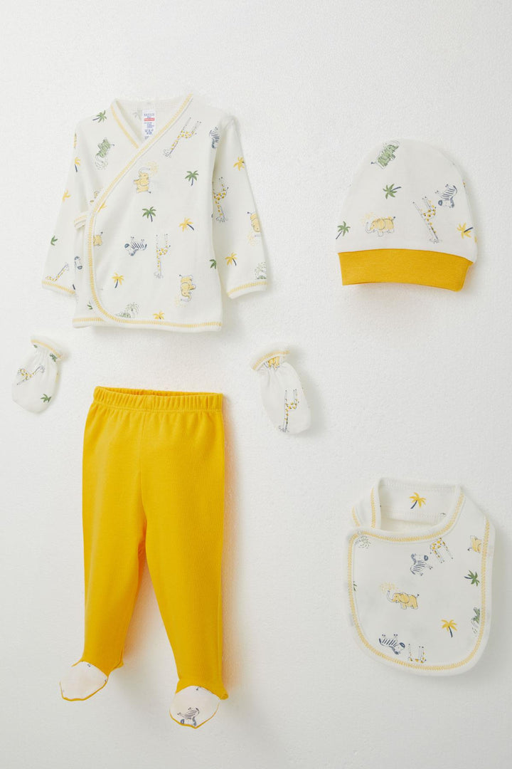 BRE Breeze Baby Boy Hospital Outfit 5-Piece Nature-Themed Cute Animals Patterned 0-3 Months, Ecru - Walnut Creek