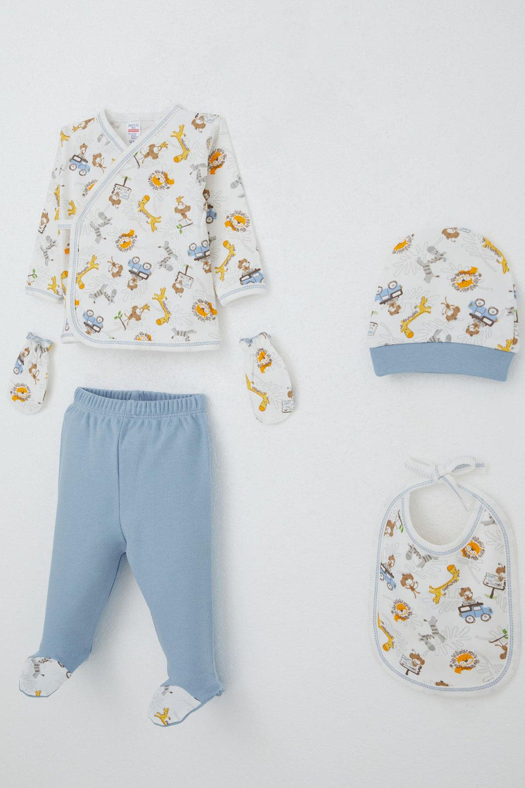 BRE Breeze Baby Boy Hospital Outfit 5-Piece Safari Adventure with Cute Animals Pattern 0-3 Months, White - Wausau