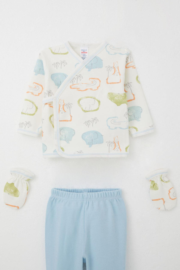BRE Breeze Baby Boy Hospital Outfit 5-Piece Safari Themed Cute Animals Patterned 0-3 Months, Ecru - North Miami Beach