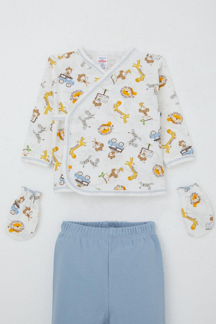 BRE Breeze Baby Boy Hospital Outfit 5-Piece Safari Adventure with Cute Animals Pattern 0-3 Months, White - Wausau