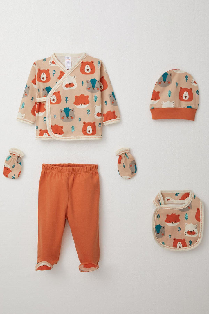 BRE Breeze Baby Boy Hospital Outfit 5-Piece Cute Animals Patterned 0-3 Months, Light Brown - Alexandria