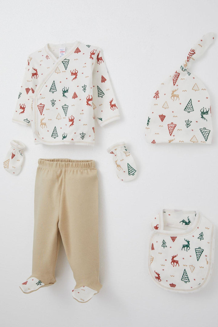 BRE Breeze Baby Boy Hospital Outfit 5 Piece Christmas Themed Deer Patterned 0-3 Months, Ecru - Novi