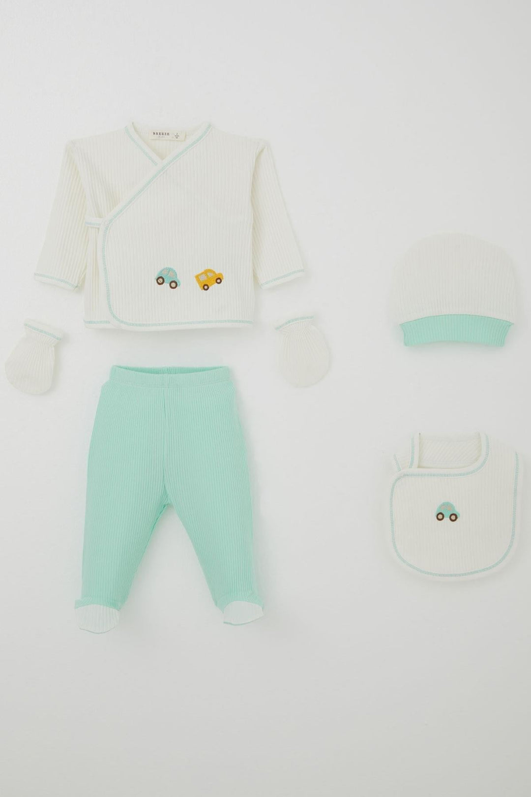 BRE Breeze Baby Boy Hospital Outfit 5-Piece Embroidered Car Set 0-3 Months, Ecru - Poole
