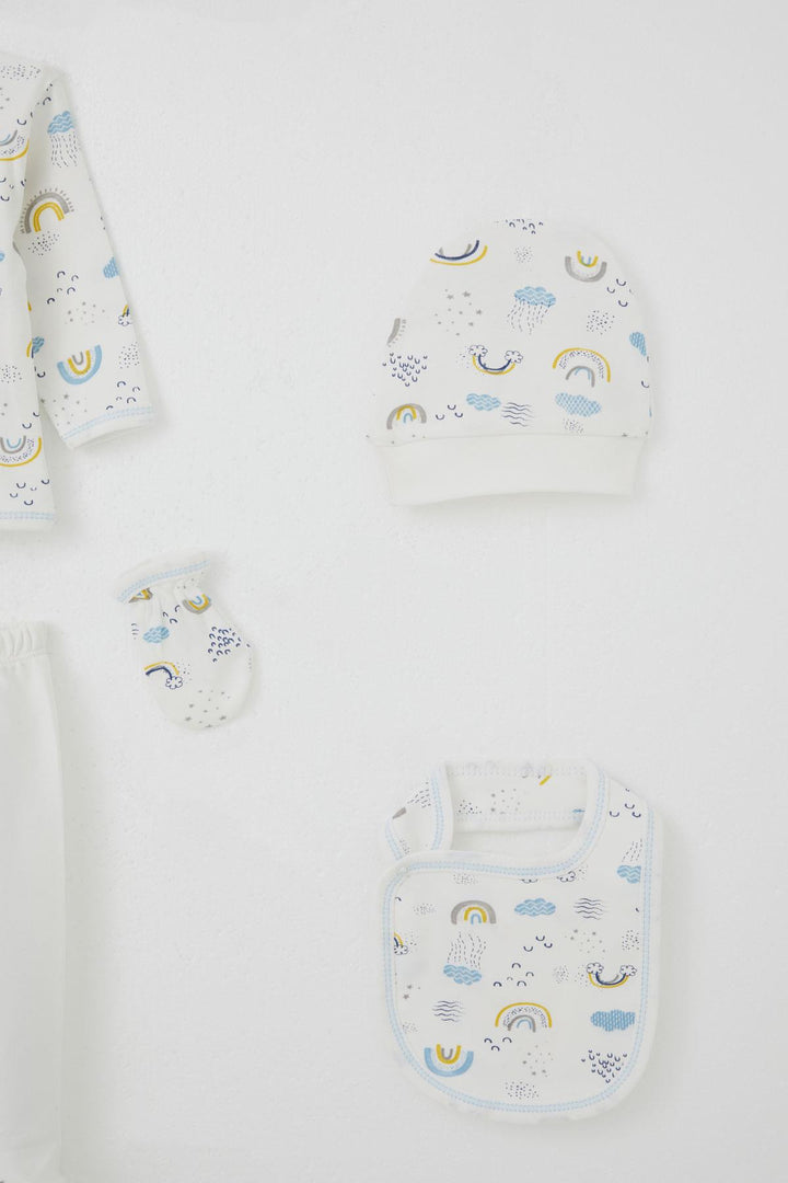 BRE Breeze Baby Boy Hospital Outfit 5-Piece Sky Themed Cloud Patterned 0-3 Months, White - Methuen Town
