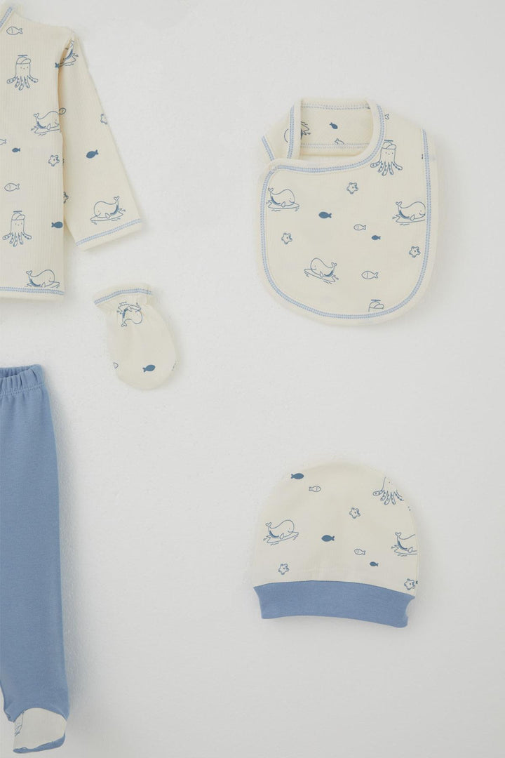 BRE Breeze Baby Boy Hospital Outfit 5-Piece Cute Sea Animals Patterned 0-3 Months, Cream - Bordeaux