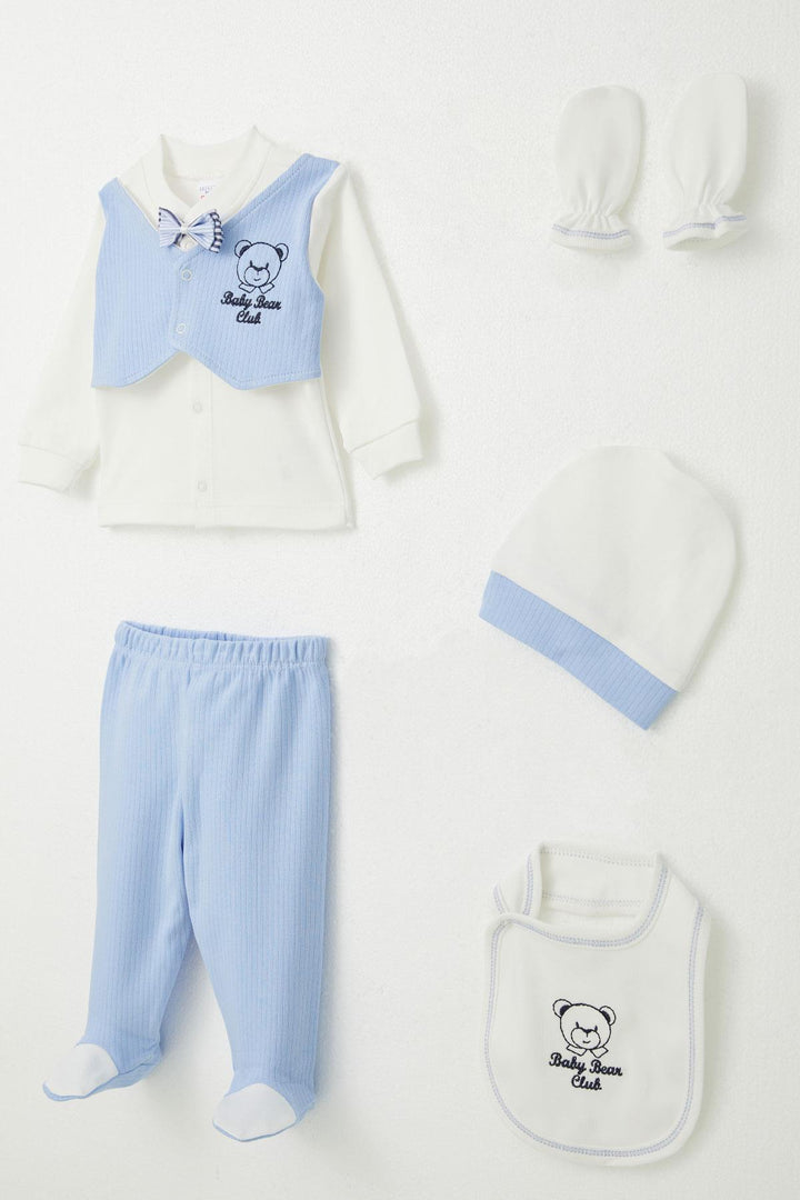 BRE Breeze Baby Boy Hospital Outfit 5 قطع ثابتة ربطة عنق على شكل فيونكة مجموعة 0-3 أشهر، أزرق - صخرة مستديرة