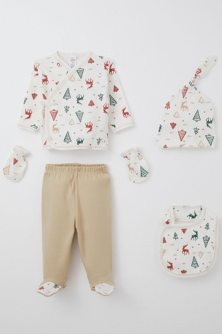 BRE Breeze Baby Boy Hospital Outfit 5 Piece Christmas Themed Deer Patterned 0-3 Months, Ecru - Novi