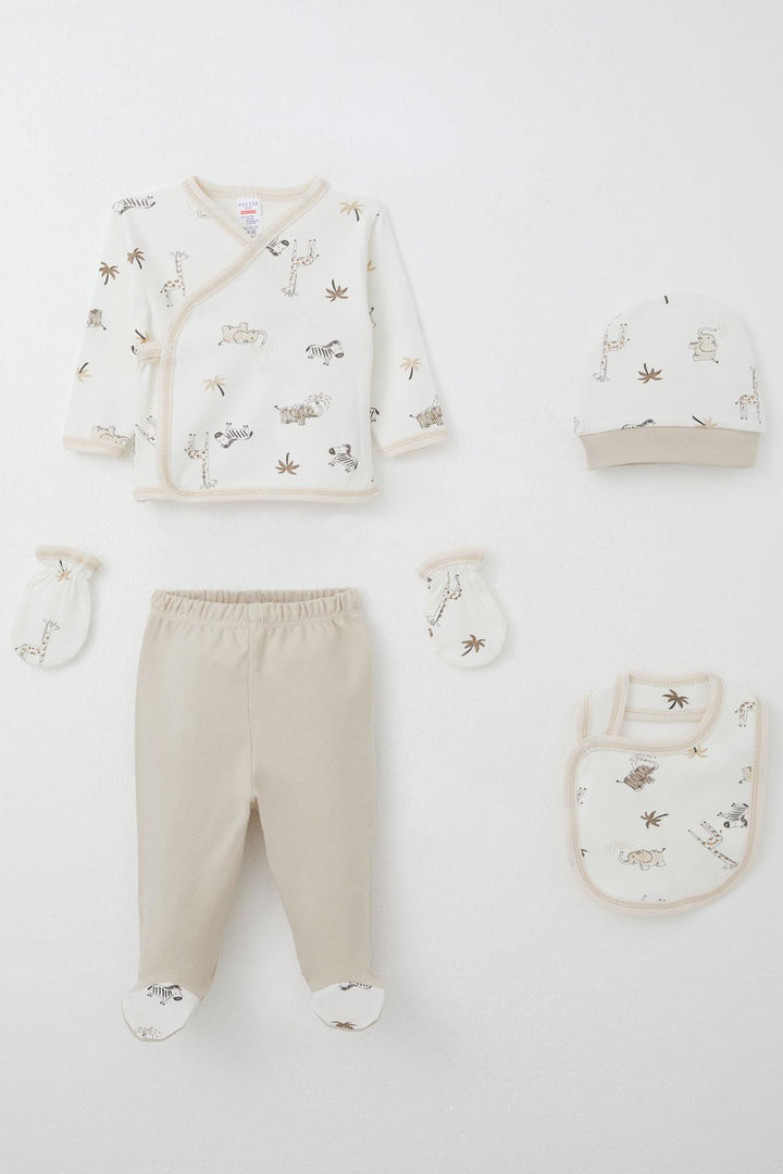 BRE Breeze Baby Boy Hospital Outfit 5-Piece Palm Tree Patterned Cute Animals Design 0-3 Months, Ecru - Santurce-Antiguo