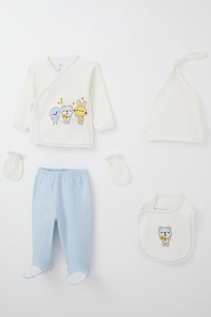 BRE Breeze Baby Boy Hospital Outfit 5 Pieces with Cute Animals Embroidery, 0-3 Months, Ecru - Chapel Hill